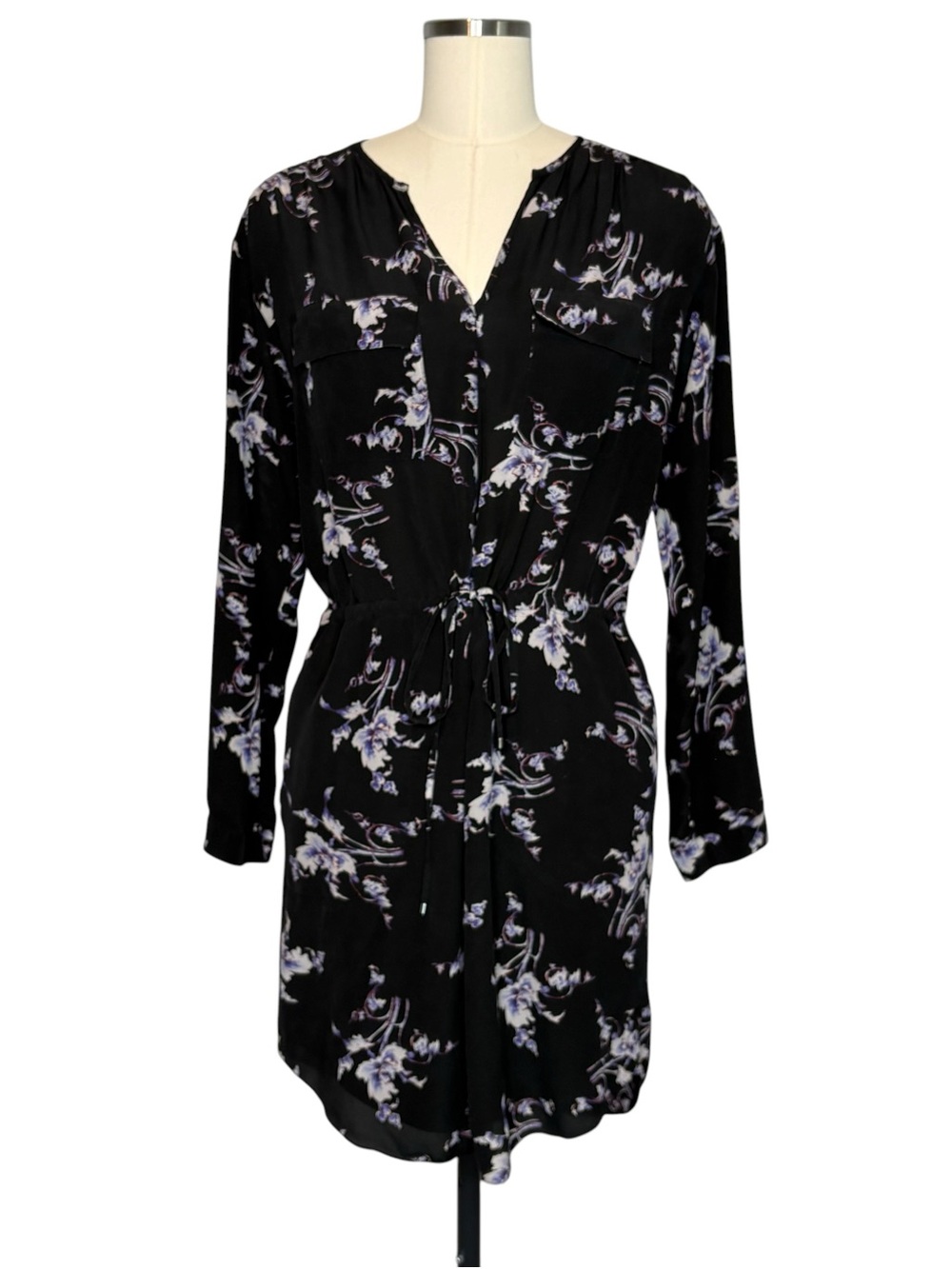 Rebecca Taylor Black Silk Floral Long Sleeve Shirt Dress | 6